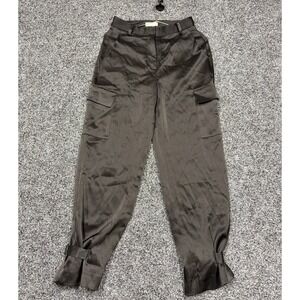 Babaton Cargo Pants Women 2 Black Satin High Rise Buckle Ankle Utility